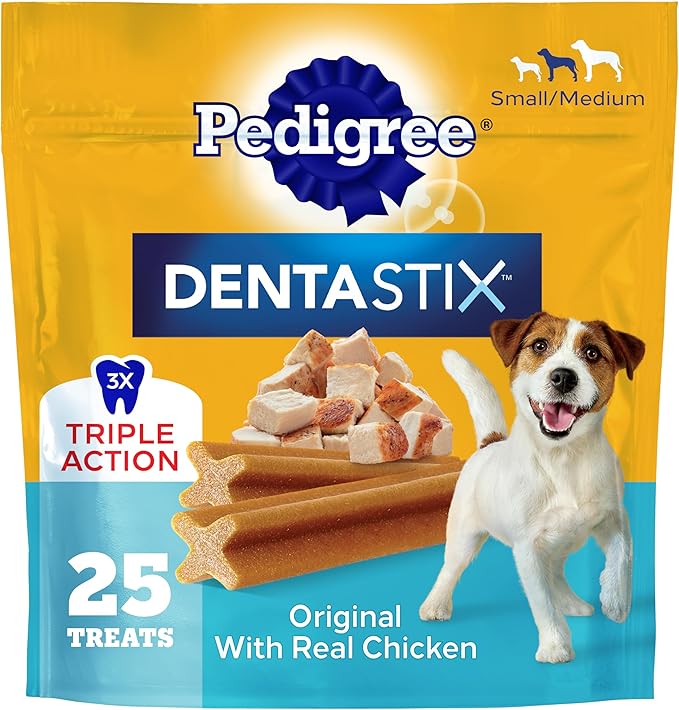 Pedigree Dentastix Small & Medium Breed Dog Treats, Original with Real Chicken, Dog Dental Treats, 13.9 oz. Bag (25 Treats Total)