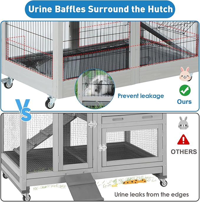 FunXplore 2-Tier Rabbit Hutch, Indoor & Outdoor Mobile Bunny Cage with Urine Guards, Weatherproof Asphalt Roof, 2 Pull Out Trays, Sturdy Small Animal Cage for Guinea Pig