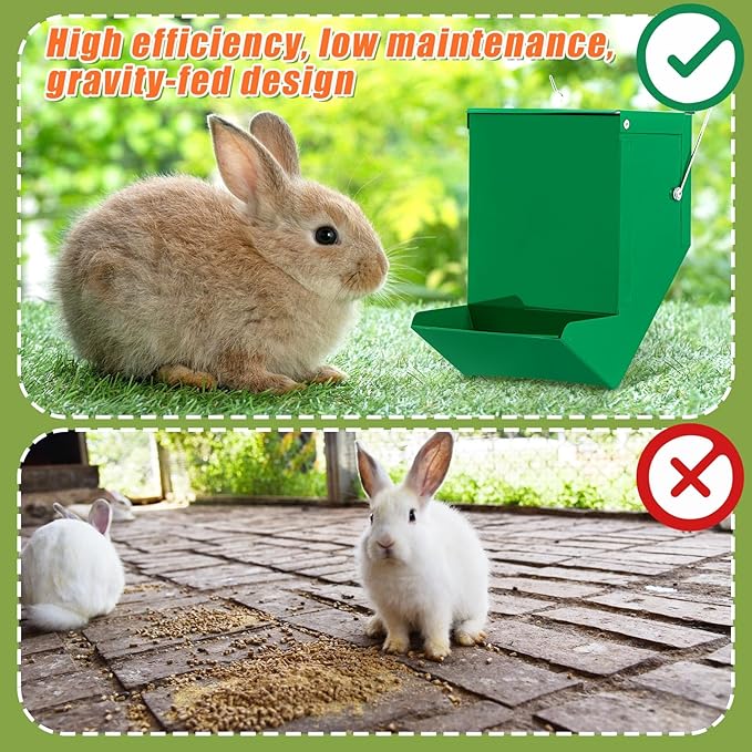 Maxcheck 2 Pcs Rabbit Feeder for Cages Small Animal Food Pellet Dispenser with Lid Metal Chicken Grit Oyster Shell Squirrel Feeders Outside(4.7 Inches,Solid Bottom,Green)