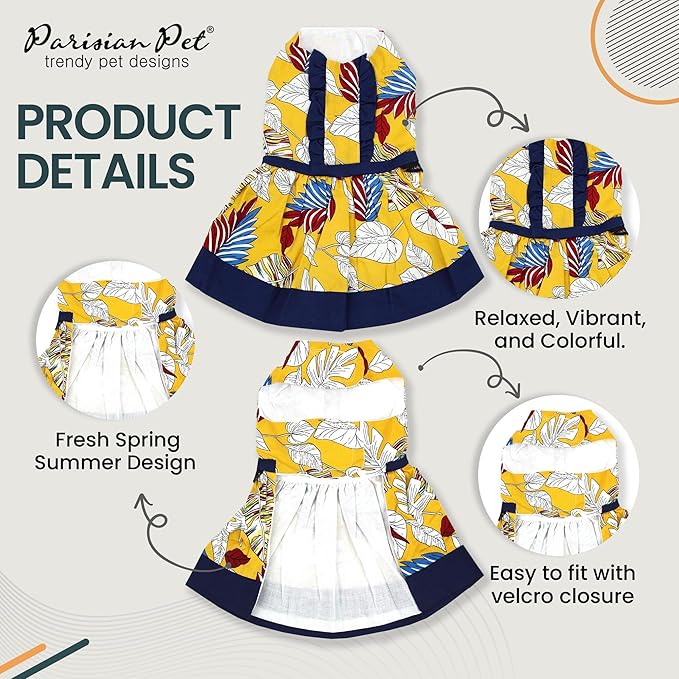 Parisian Pet Summer Dog Dress - Multicolor Clothes for Large Dogs Girl - Pet Dress with Leaf Pattern - Stylish Printed Beach Dog Outfit - Lightweight Puppy Clothes - Sleeveless Dresses for Dogs