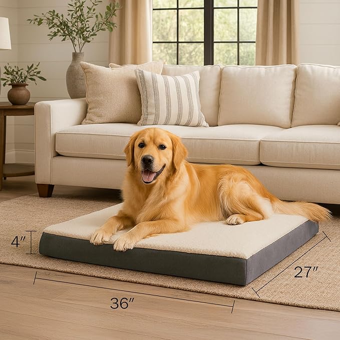 Orthopedic Dog Bed - 2-Layer 36x27-Inch Memory Foam Pet Mattress with Machine-Washable Sherpa Cover for Large Dogs up to 65lbs by PETMAKER (Gray)