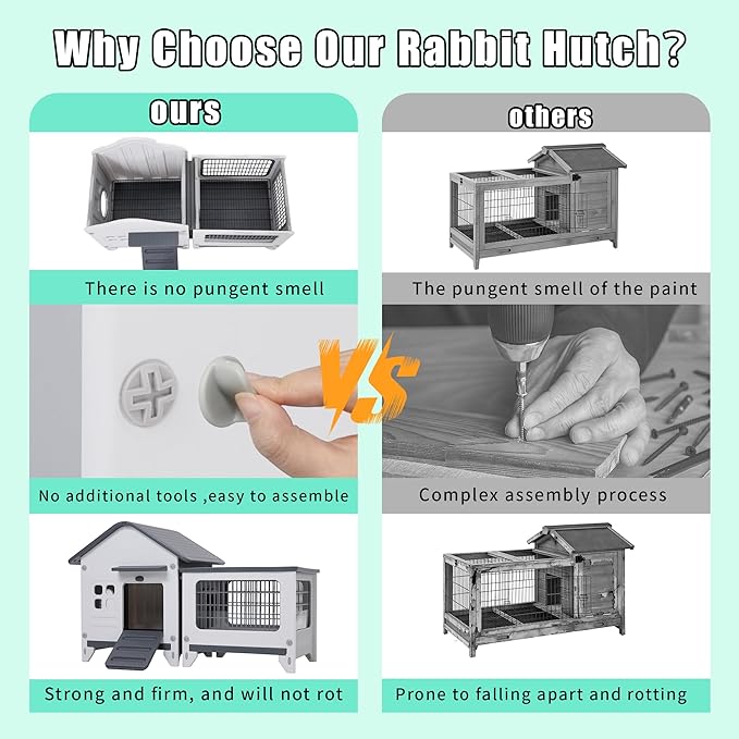 Rabbit Hutch Indoor & Outdoor with Extended Play Area, Plastic Rabbit Hutch with Sloped Roof Drainage, Panoramic Windows, Urine Barrier & Pull-Out Tray, Rabbit Cage Easy to Clean and Assemble