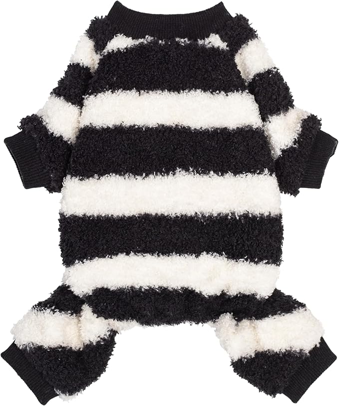 Fitwarm Fuzzy Striped Dog Pajamas, Winter Clothes for Small Dogs Girl Boy, Fleece Dog Onesie, Soft Pet PJS, Doggy Apparel, Black, White, Large
