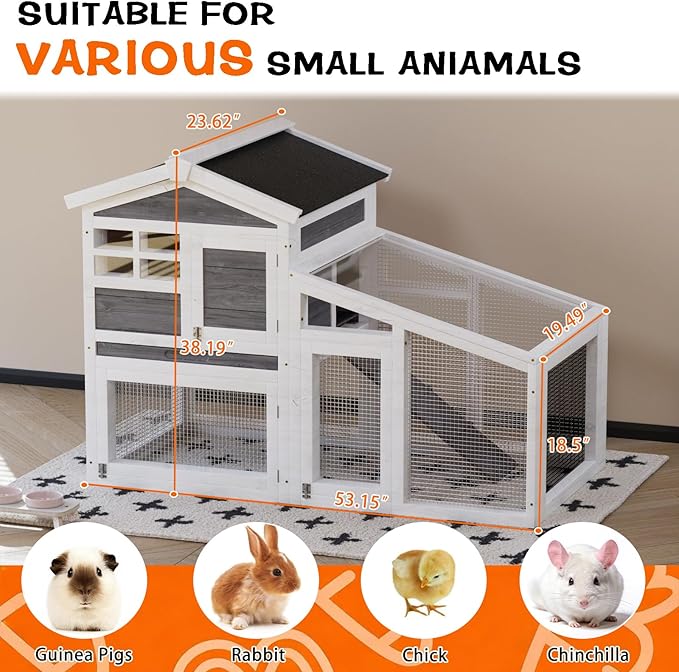 GarveeLife Rabbit Cage, Outdoor Weatherproof Bunny House Wooden, Indoor Bunny Cage with Run, Rabbit Hutch with Removable Tray, Grid Fences, Ramp 53.15" L x 23.62W 37.8" H Gray