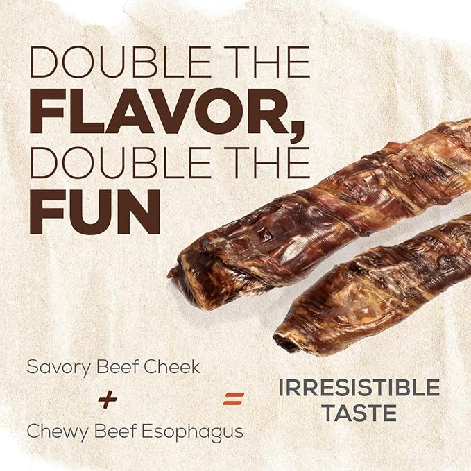Natural Farm Power Beef Sticks Dog Chews (6”, 15-Pack), 2-in-1 Power Chews: Premium Bully Cheek Wrapped in Beef Esophagus for Double Chewing Time, Promotes Dental Health, Great for Medium Dogs