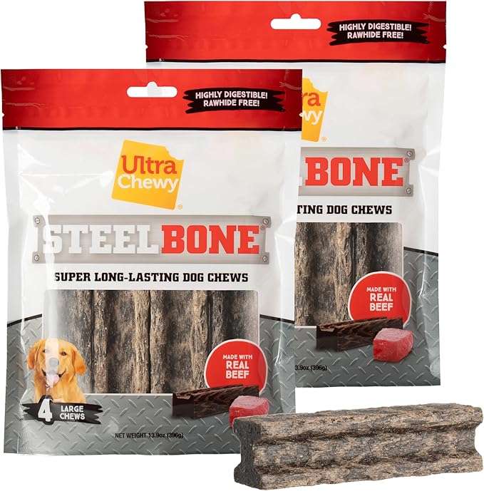 Ultra Chewy Steel Bones Large Size Beef Flavor - Super Long Lasting Dog Chews - Rawhide Free & Highly Digestible - Unique Shape Helps Clean Teeth - Ideal Dog Bones for Aggressive Chewers
