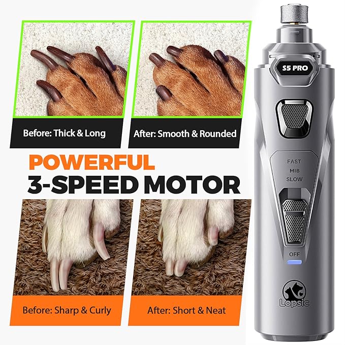 Whisper Quiet Dog Nail Grinder with LED Light, Safe & Stress-Free for Sensitive Dogs of All Breeds & Sizes, 3 Grinding Bits, 3-Speed, Pet Nail Trimmers, Rechargeable Painless Grooming Kit Grey
