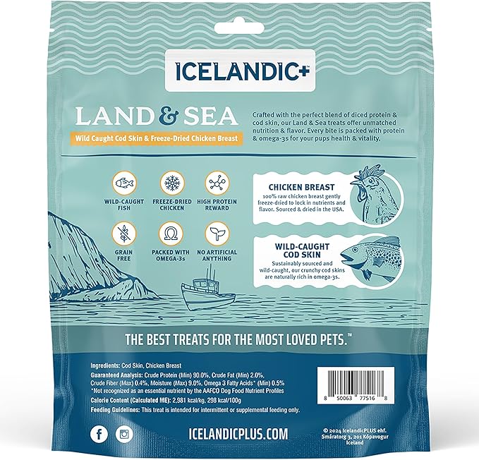 Icelandic+ Land & Sea Wild Caught Cod Skin & Freeze-Dried Chicken Breast -6.75oz Bag, Dog Treat & Food Topper, 2 Ingredient, No Preservatives, Natural (Pack of 2)