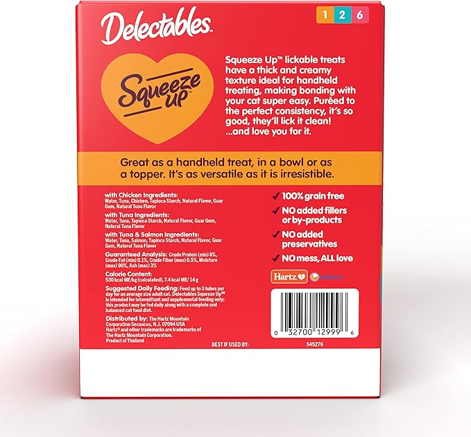 Hartz Delectables Squeeze Up Variety Pack, Creamy Squeezable Puree, Lickable Wet Cat Treats, Grain Free, No Fillers, No by-Products, No Preservatives, 0.5 Ounces Tube, 54 Tubes Total