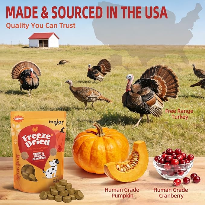 MAJOR PETS Freeze Dried Turkey Dog Treats with Pumpkin & Cranberry, Limited Ingredient High Protein Snacks for Digestive & Urinary Health, Grain Free, Training Reward & Meal Topper, Made in USA, 2.5oz