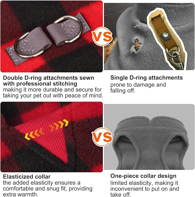 BEAUTYZOO Small Dog Sweater Fleece Vest Winter Jacket, D-Ring Leash Attachment for XS S Puppy Medium Sized Breeds Dogs, Cold Weather Dog Clothes Windproof Keep Warm, Christmas Red Plaid L