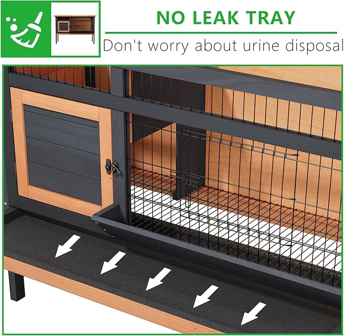 Wooden Rabbit Hutch Elevated Bunny Cage Indoor Outdoor, 43.3" Small Animal House with No Leak Tray Feeding Trough and Openable Asphalt Roof for Guinea Pigs Quails Ducks & Hedgehogs (Brown)