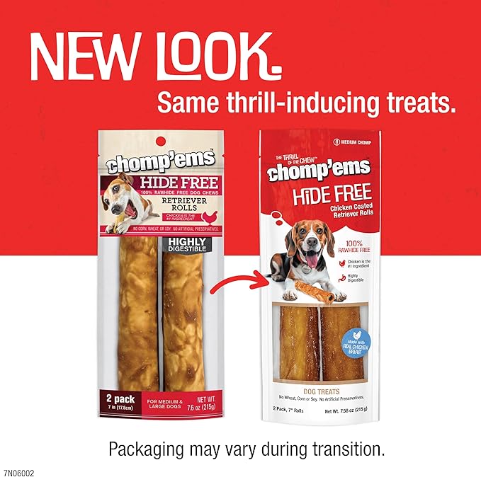 CHOMP 'EMS Chicken Hide Free Dog Chews - Rawhide Free Dog Treats - No Hide Alternative Chew Treat for All Life Stages, Roll, 7", 2 Count