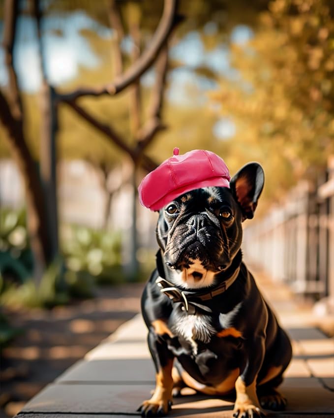 PET SHOW Dog Beret Hat for Small Dogs Cats Party Holiday Headband Cap French Leather Berets with Adjustable Chin Strap Cute Fashion Puppy Hats Pets Costumes Accessories(Red,S)