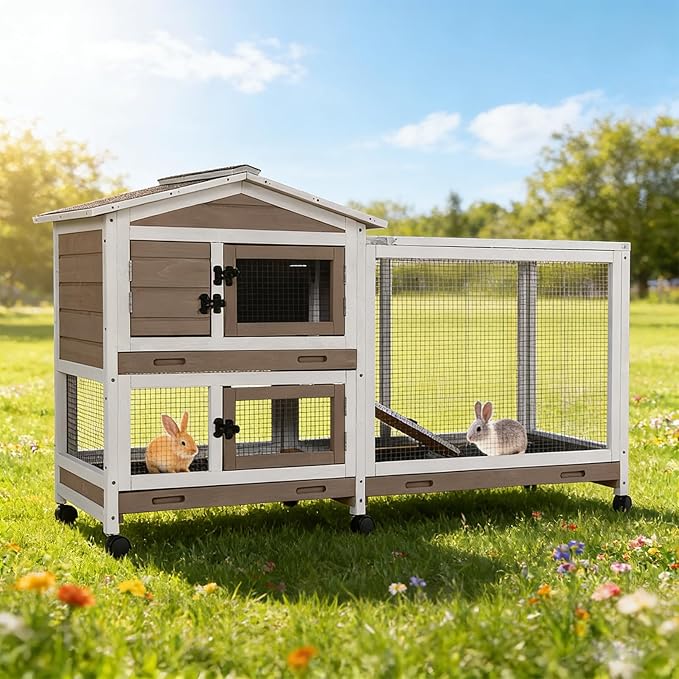 Large Rabbit Hutch Indoor Outdoor, Wooden Rabbit Cage with Wheels, 62'' Mobile Bunny Cage with Chew-Proof Ramp, Pull-Out Tray, Waterproof Roof, Guinea Pig Habitat (Brown)