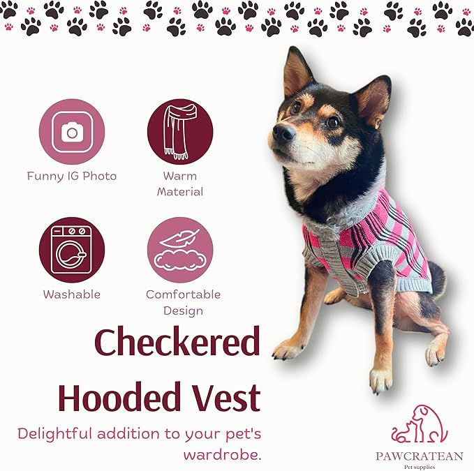 Cute Sweater for Dogs and Cats Soft Flannel Pet Outfit Warm and Cozy Animal Hoodie Small to Large Pet Clothes for Halloween Parties and Everyday Wear (Medium, Pink Checkered with Hat)