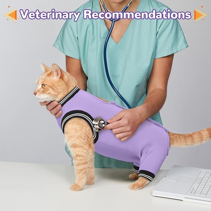 PUMYPOREITY Cat Recovery Suit for Hind Legs, Cat Surgical Spay Suit with Leg Sleeves to Stop Licking, Long Rear Sleeve Wound Cover Abdomen Kitten Onesie, Purple, L