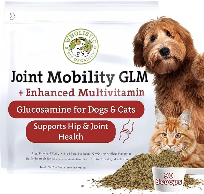 Wholistic Pet Organics - Hip and Joint Supplement for Dogs & Cats - Cat & Dog Joint Supplement - Green Lipped Mussels, Glucosamine, Chondroitin for Dogs & Cat Mobility Support - 2 Lb - 90 Scoops