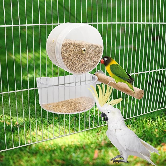 Bird Wheel Foraging Toys, Plastic Parrot Cage Feeder with Wood Perch, Parakeet Seed Food Container, Cage Accessories for Small and Medium Birds Cockatiels Lovebirds Conures Rats Hamster Guinea Pig