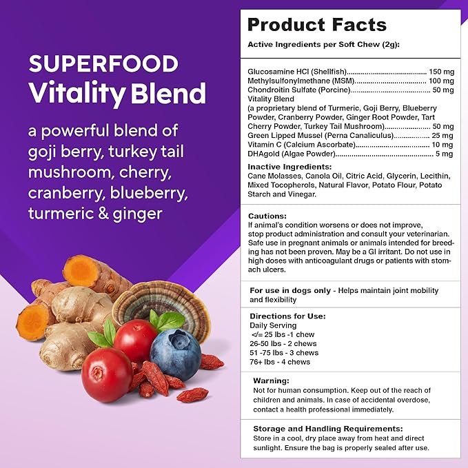 VitaFusion Dog Hip and Joint Supplement Glucosamine, Chondroitin, MSM, Omega-3 & Green-Lipped Mussel, Superfoods Blend. Flexibility and Cartilage Health. Wellness for Puppies to Senior Dogs,120 Chews.