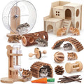 18 Pcs Hamster Cage Accessories, Silent Hamster Wheel, Chew Toys Set, Maze Wood House and Water Bottle Set for Rat Mice Small Animals Habitat (Natural Log Style)