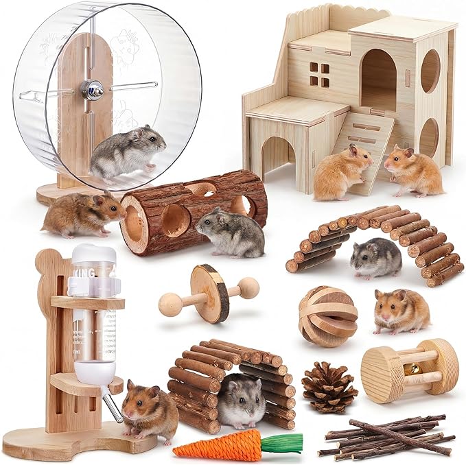 18 Pcs Hamster Cage Accessories, Silent Hamster Wheel, Chew Toys Set, Maze Wood House and Water Bottle Set for Rat Mice Small Animals Habitat (Natural Log Style)