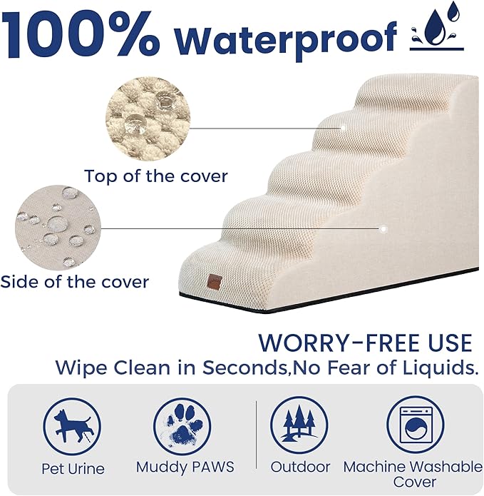 GoGoBunny Ramp Dog Stairs for High Beds 24.4" H, 5-Step Extra Wide Dog Slope Stairs with Durable Waterproof Fabric Cover, Pet Steps for Old Large Dogs Climbing, Non-Slip Sturdy Indoor Step, Beige
