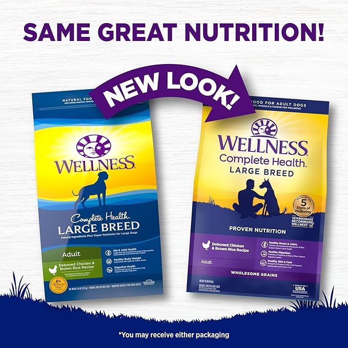 Wellness Complete Health Dry Dog Food, Large Breed, Wholesome Grains, Natural, Chicken & Brown Rice Recipe, (15-Pound Bag)