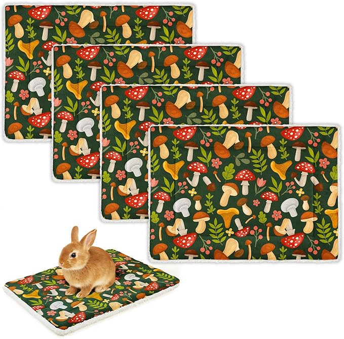 Glittme 4Pcs Bunny Bed Rabbit Bed for Indoor Cage Soft Guinea Pig Bed Fleece Mat Pad Warm Small Animal Bedding Accessories for Hamster Ferret Washable Non-Slip Rabbit Hide House Liner