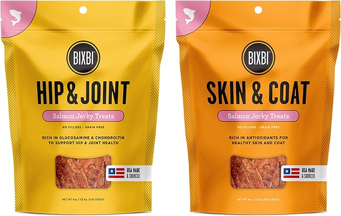 Variety Pack of Bixbi-Skin & Coat Salmon Jerky Dog Treats and Bixbi-Hip & Joint Salmon Jerky Dog Treats (2 Bags Total, 5 Oz Each)