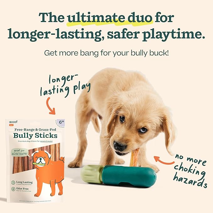 WOOF BullySafe and Bully Sticks - Nutritious Chew Sticks for Dogs and Bully Stick Holder for Safe, Long-Lasting Play - No More Swallowed Ends - 6" Sticks - 5 Pack