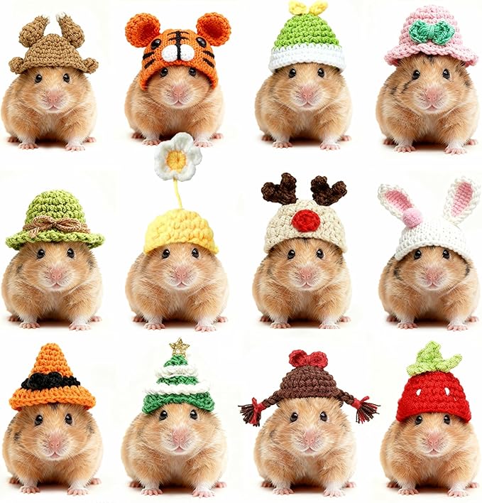 12 Pcs Hamster Hats Mini Party Hats for Small Animals, Cute Hand Knitted Tiny Hats for Snakes Lizards Bearded Dragon Guinea Pig Easter Bunny Reptile Pets Clothes Party Costume Accessories