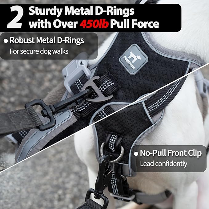 Huntboo Escape Proof Dog Harness, Escape Artist Harness, Reflective Harness with Padded Handle, Breathable, Durable, Adjustable Vest for Medium Dogs Walking, Training, and Running Gear (Black,XL)