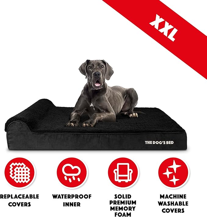 The Dog’s Bed Orthopedic Memory Foam Dog Bed with Headrest, Calming Surface – CertiPUR-Certified Foam, Plush Fabric, Black Plush, XXL, 6-Inch