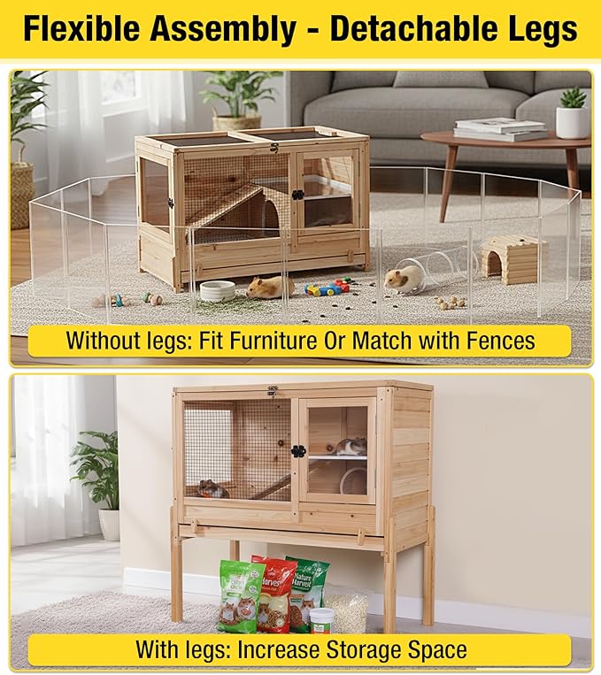 Aivituvin Guinea Pig Cages, Rabbit Hutch with Anti-Chew Frame, Bunny Cage with Deepened Pull-Out Tray, 3 Openable Areas, Assemblable Legs, Ramp & Hideout Included - Wooden