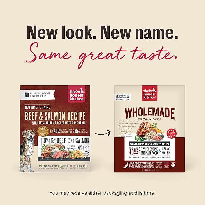 The Honest Kitchen Human Grade Wholemade™ Dehydrated Dog Food, Whole Grain Dog Food, Beef & Salmon, 4 lb (makes 16lbs)