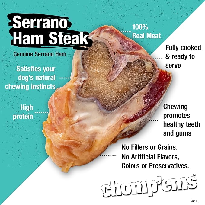 Ruffin' It CHOMP'EMS Serrano Ham Steak, Real Serrano Ham Steak with Bone for Dogs, 1 Ham Steak, Large