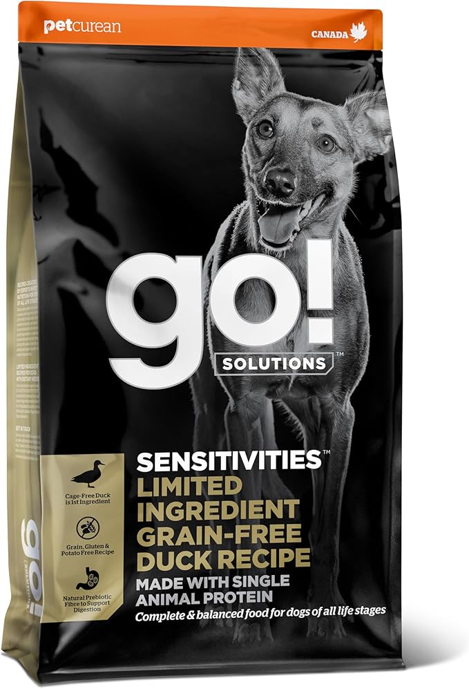 Go! Solutions Sensitivities Limited Ingredient Duck Grain-Free Dry Dog Food, Chicken-Free Kibble Made by Experts for Sensitive Stomachs & Food Allergies, for Puppies, Adults, & Seniors, 3.5 lb Bag