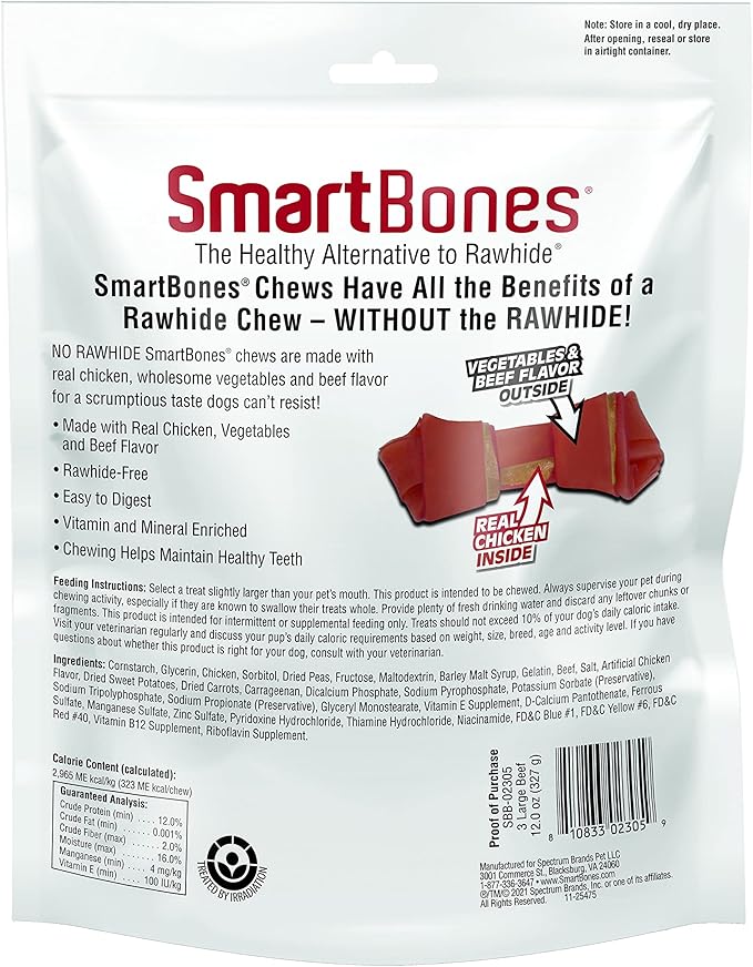 SmartBones Large Chews with Real Beef, Rawhide-Free Chews for Dogs, 3 Count (Pack of 2)
