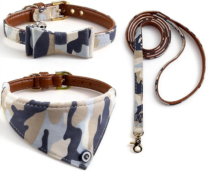 3PCS Bow Tie Dog Collar and Leash Set Plaid/Camo/Dots/Flower Dog Bandanas with Bell 3 Size Adjustable for Small Dogs Puppies and Cats (S, Camo 3)