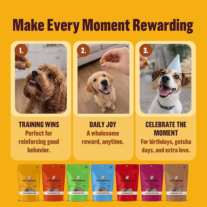 What's Barking Soft Bites, Soft Chewy Dog Treats for Training or Snacking, Pet Essentials, Bite Size Pieces for Dogs, Natural Ingredients, Made in USA, Resealable Bag (Pack of 3, Strawberry Mint)