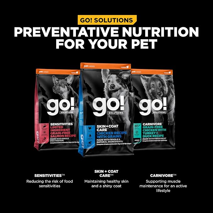 Go! Solutions Skin + Coat Care Chicken Dry Dog Food with Grains, Healthy Kibble with Omega-3s & 6s for Soft, Shiny Fur, for Puppies, Adults, & Seniors, 3.5 lb Bag