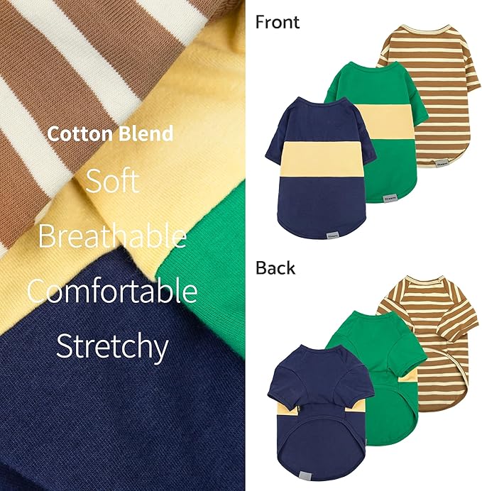 Fitwarm 3 Pack Color Block Striped Dog Shirt, Summer Dog Clothes for Small Dogs, Breathable Lightweight Dog Tshirt, Pet Outfit, Navy Blue, Sea Green, Brown, Large