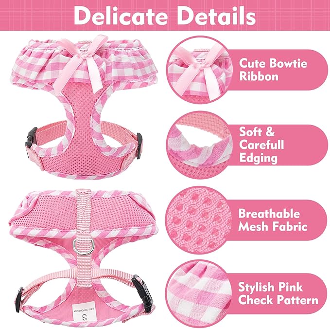 EXPAWLORER Cute Dog Harness and Leash Set - Pink Girl Dog Harness Checkered Step-in Design, Easy Adjustable No-Choke Lightweight Breathable Vest for Puppy Small Dogs Cats Outdoor Walking, Small