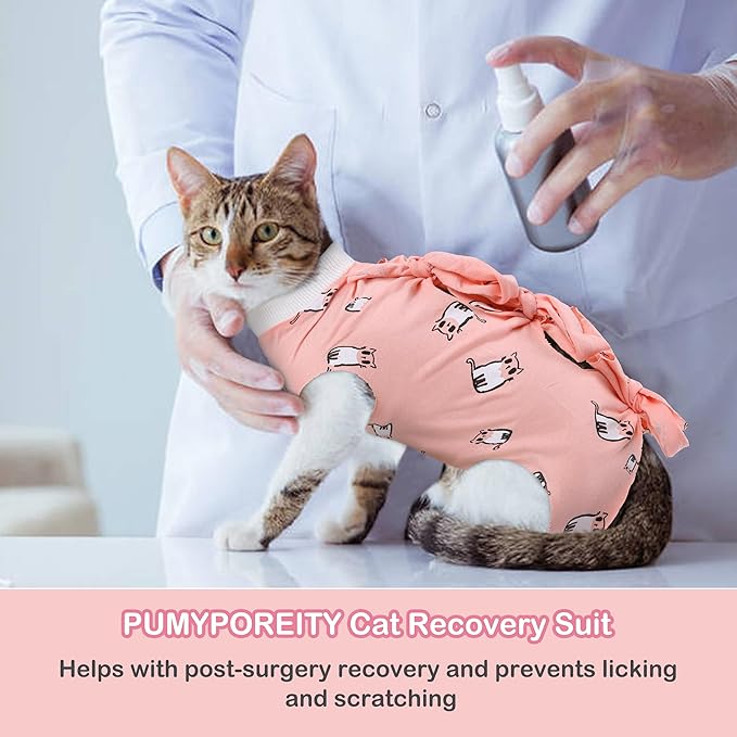 PUMYPOREITY Cat Recovery Onesie for Surgery, Kitten Recovery Suit for Neutered/Abdominal Wound/Skin Damage/Weaning, L, Pink