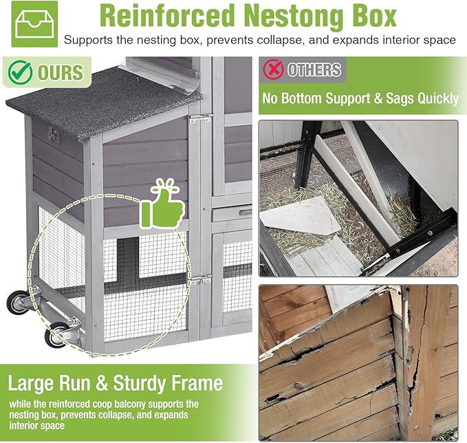 GUTINNEEN Mobile Chicken Coop with Wheels for 2-4 Chickens, Expandable Wooden Hen House with Divided Nesting Box, Reinforced Coop Balcony, Roosting Perch, Metal Pull-Out Tray, 82.4" L (Brown)