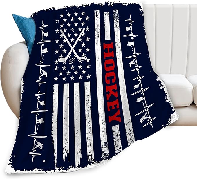 banonaty Hockey Blanket Navy Blue American Flag Throw Blanket Cozy Fleece Flannel Plush Bedding Ice Hockey Gifts for Boys Girls Men Women Youth Kids for Couch Sofa Bed Decor 50"X60"
