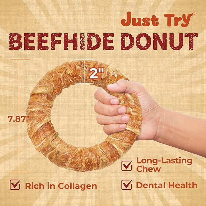 Just Try 7.87" Dog Donut - Chicken Wrapped Rawhide Dog chew - Long Lasting Dog Chews, Dog Treats for Large Dogs