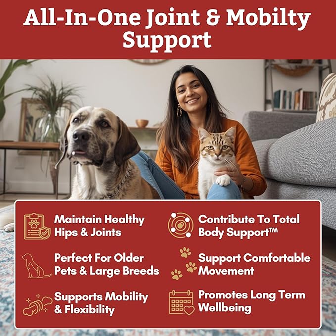 Wholistic Pet Organics - Hip and Joint Supplement for Dogs & Cats - Cat & Dog Joint Supplement - Green Lipped Mussels, Glucosamine, Chondroitin for Dogs & Cat Mobility Support - 1 Lb - 45 Scoops