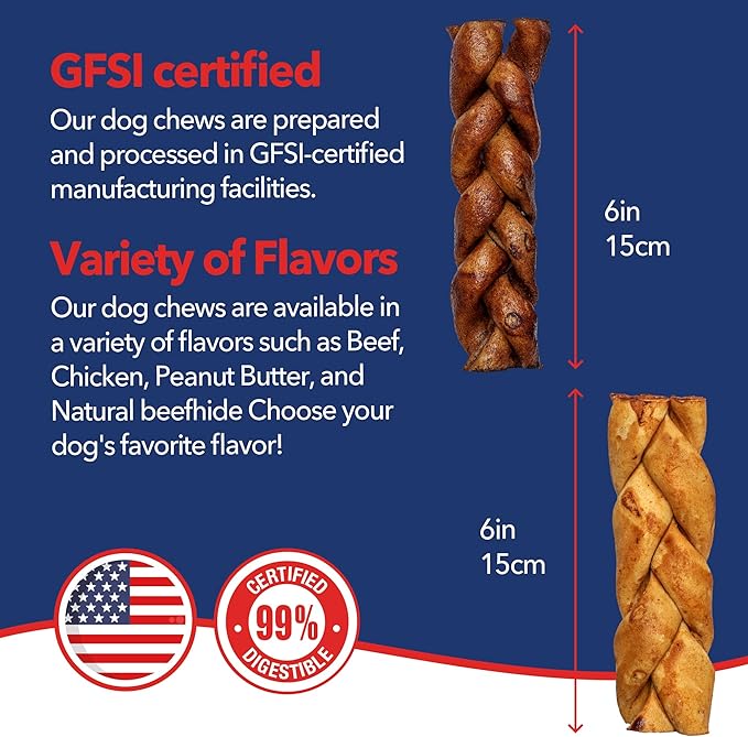 Pet Factory 100% USA Made Natural Beefhide Dog Chew Sticks - 6in Braided Dog Rawhide Bones with Beef & Chicken Flavors for Dental Health & Safe Chewing - 6 inches (Pack of 6)